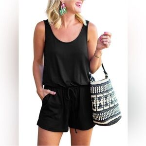 REORIA Black Romper with Pockets, Size Large, Tank top Shorts, summer outfit